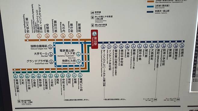 도야마 노면전차(트램) 노선도.