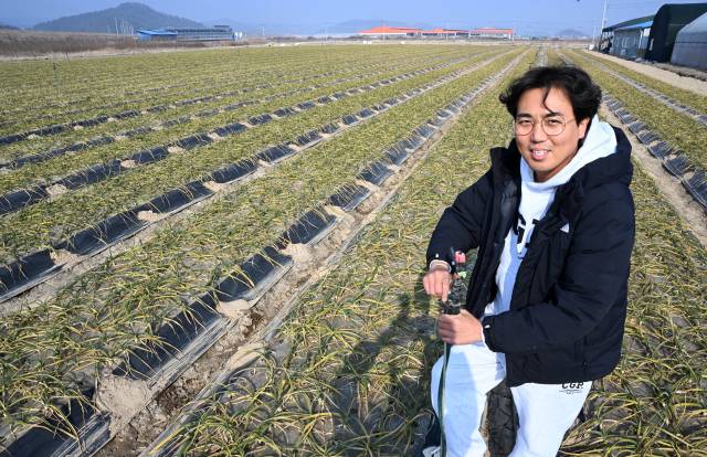 이정윤씨가 창녕군 남지읍 마늘밭에서 한파로 동결된 스프링클러를 살펴보고 있다./성승건 기자/
