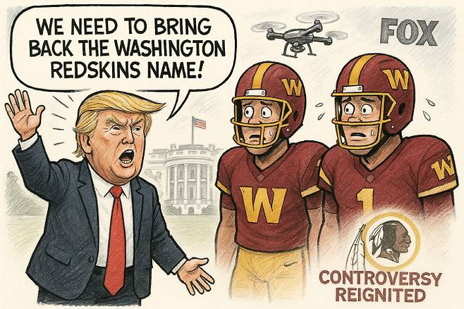 도널드 트럼프 미국 대통령이 미식축구팀 워싱턴 내셔널스의 이름을 ‘레드스킨스’로 되돌려놓으라고 압박해 논란이다. 사진=퍼플렉시티 AI 이미지