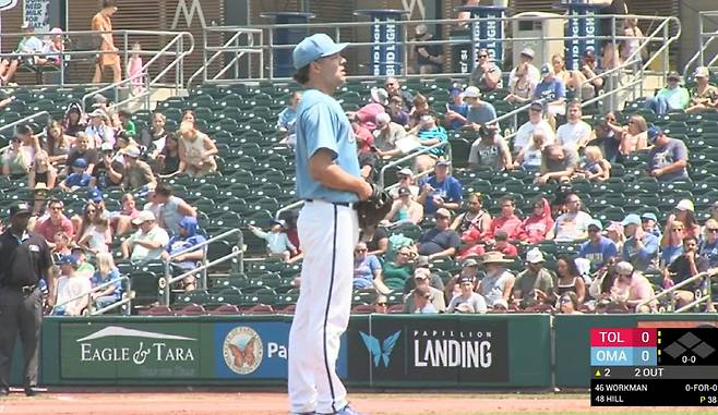 캔자스시티 산하 트리플A 오마하 좌완 리치 힐이 지난 14일(한국시각) 톨레도전에 선발등판해 피칭 준비를 하고 있다. 사진=MiLB.TV 캡처