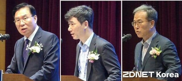 왼쪽부터 개회사를 맡은류석현 한국기계연구원장,과 축사자인 온정성 과기정통부 팀장, 방승찬 ETRI 원장.
