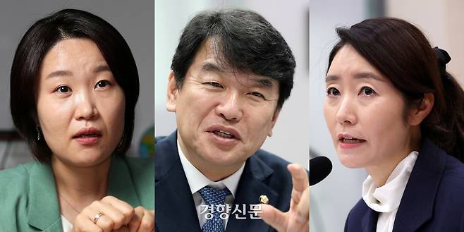 (왼쪽부터) 이소영 더불어민주당 의원, 문진석 민주당 원내운영수석부대표, 강선우 여성가족부 장관 후보자. 정지윤·박민규 선임기자, 권도현 기자