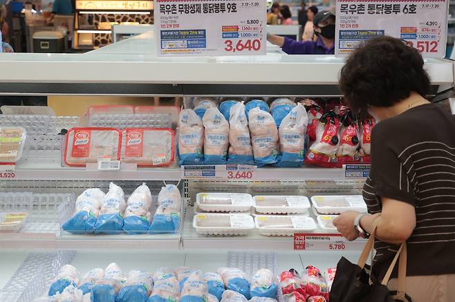 초복인 20일 서울 서초구 양재동 하나로마트에서 시민들이 육계 제품류를 살펴보고 있다. 전통시장에서 재료를 사서 삼계탕을 직접 끓이는 데 드는 비용이 1인분에 9천원으로 5년 전보다 35% 오른 것으로 조사됐다. 전문가격조사기관인 한국물가정보가 17일 공개한 영계와 수삼·찹쌀·마늘·밤·대파·육수용 약재 등 삼계탕 재료 7개 품목의 가격을 반영한 결과다. [연합]