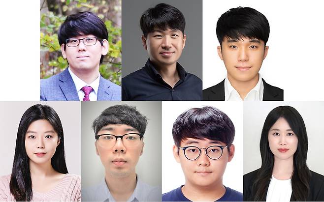 이번 연구를 수행한 GIST-KAIST 공동연구팀. 정현호(왼쪽 윗줄 시계 방향으로) GIST 전기전자컴퓨터공학과 교수, 송영민 KAIST 전기 및 전자공학부 교수, 김규린 GIST 전기전자컴퓨터공학과 김규린, 허세연 박사, 김주환 연구원, 이주형 연구원, 김도은 박사.[GIST 제공]