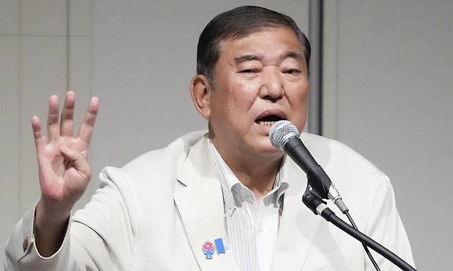 이시바 시게루 일본 총리가 참의원(상원) 선거를 사흘 앞둔 지난 17일 나가사키현 나가사키시에서 연설하고 있다. 교도연합뉴스