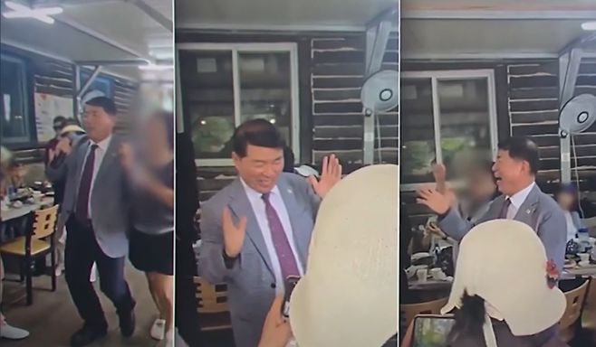 경기 구리시에 홍수주의보가 유지되고 있던 20일 백경헌 구리시장이 강원 홍천군의 한 식당에서 열린 야유회에 참석해 춤을 추는 모습. SBS 보도화면 캡처