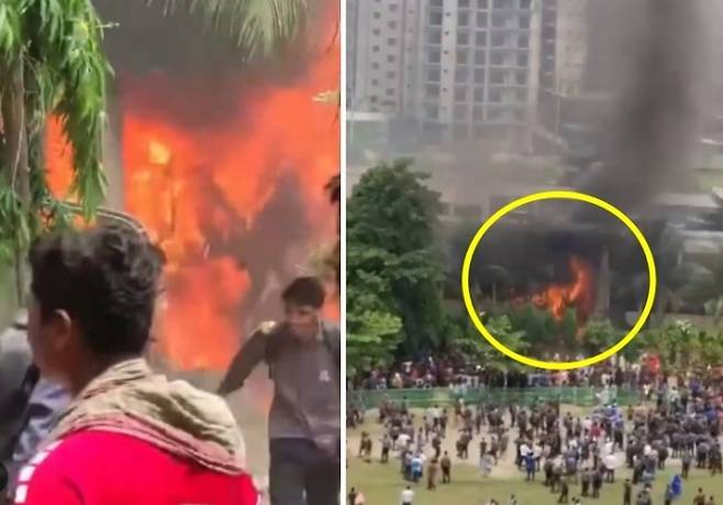 21일(현지시간) 낮 1시 30분쯤 방글라데시에서 공군 훈련기가 민간 학교 건물을 덮치는 사고가 발생해 어린이를 포함한 약 30명이 목숨을 잃었다. 사고 현장 영상 캡처