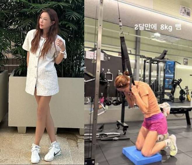 SES 출신 슈가 케이블 로프 크런치 운동을 하고있다. [사진=슈 SNS]