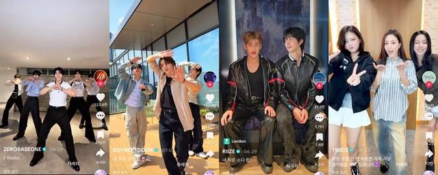 그룹 제로베이스원, 보이넥스트도어, 라이즈, 트와이스(왼쪽부터)가 넷플릭스 애니메이션 영화 '케이팝 데몬 헌터스' OST 댄스 챌린지에 동참했다. /각 그룹 틱톡 계정 영상 화면 캡처