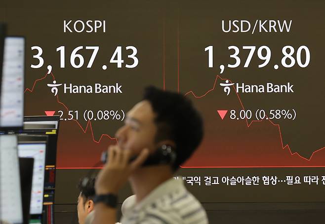 23일 서울 중구 하나은행 본점 딜링룸에서 직원들이 업무를 보고 있다. 이날 코스피는 전장보다 19.71포인트(0.62%) 오른 3189.65로 시작했으나 하락세로 전환했다. /연합뉴스