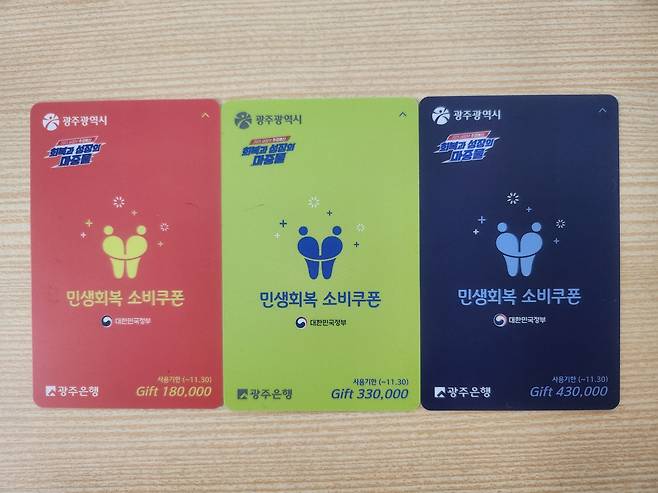 광주시가 지급한 민생회복 소비쿠폰 3종 선불카드./뉴스1