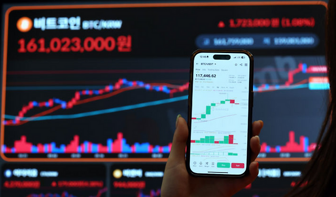 16일 서울 강남구 빗썸라운지에 전광판에 비트코인 등 가상자산 시세가 나오고 있다. ⓒ뉴시스