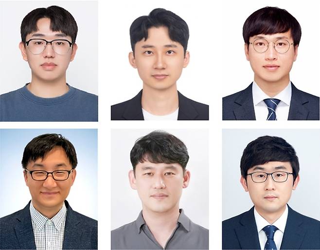 해수 수전해용 고성능 촉매 개발 연구진. (왼쪽 위부터 시계방향으로)이경복 한국재료연구원 석박사 통합과정 학생연구원, 이영대 울산과학기술원 박사, 윤기용 한국재료연구원 박사, 양주찬 한국재료연구원 책임연구원, 송현곤 울산과학기술원 교수, 이호식 울산과학기술원 교수.