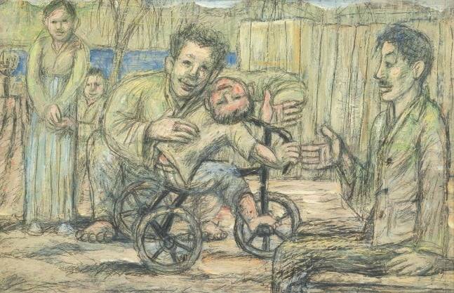 이중섭, 시인 구상의 가족, 1955, oil and pencil on paper, 32×49.5cm. 2021년 국립현대미술관 <미술이 문학을 만났을 때>에 걸린 작품 중 하나다. / 케이옥션 제공.