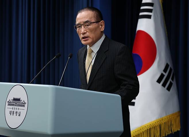 2박3일 간의 방미 일정을 마치고 귀국한 위성락 대통령실 국가안보실장이 지난 9일 용산 대통령실에서 브리핑을 하고 있다. 김지훈 기자