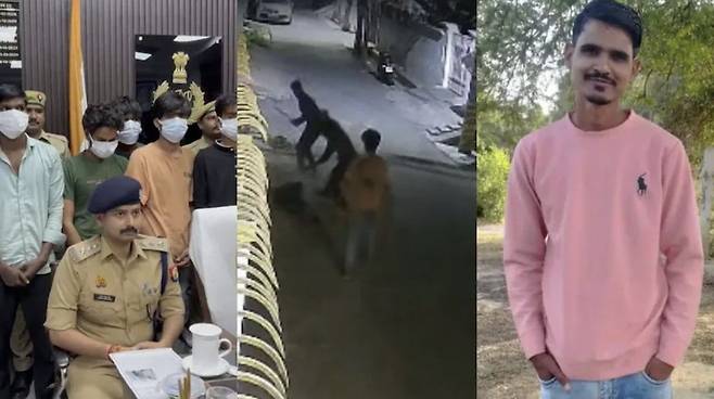 왼쪽 사진은 소누 일당이 경찰에 체포된 모습. 오른쪽은 살해당한 마노지의 사진. 인도 NDTV 캡처