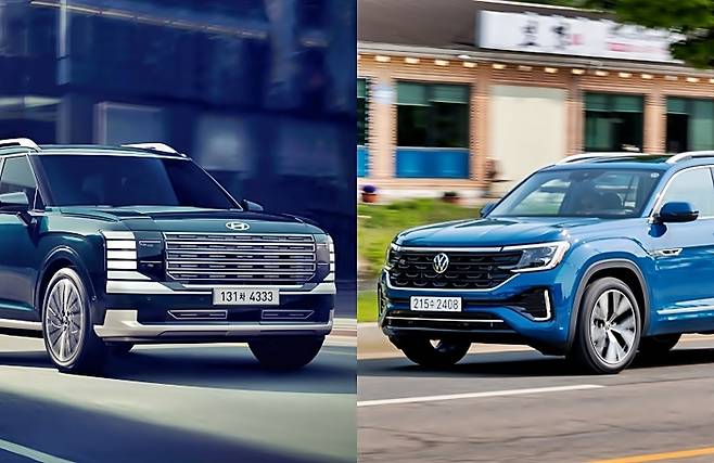 대형 SUV 판매 1위인 팰리세이드(왼쪽)와 경쟁차종인 신형 아틀라스 [사진출처=현대차, 폭스바겐/ 편집=최기성 매경 디지털뉴스룸 기자]