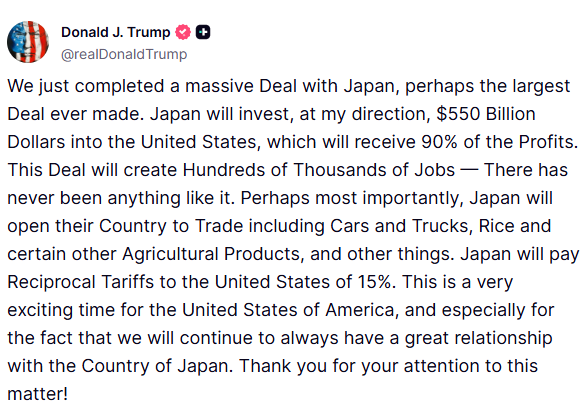 도널드 트럼프 미국 대통령이 22일(현지시간) 소셜미디어 트루스소셜을 통해 일본과 관세 협상을 완료했다고 밝혔다. 사진은 트루스소셜 캡처.[트루스소셜]