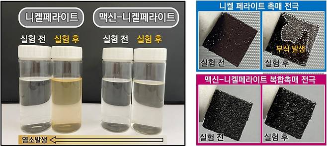 개발된 촉매 전극을 통한 해수 수전해 내의 염소발생 반응 저하 및 전극 내구성 향상 결과.[한국재료연구원 제공]