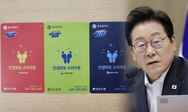 광주시가 지급한 민생회복 소비쿠폰 3종 선불카드(왼쪽), 이재명 대통령. 뉴스1·연합뉴스