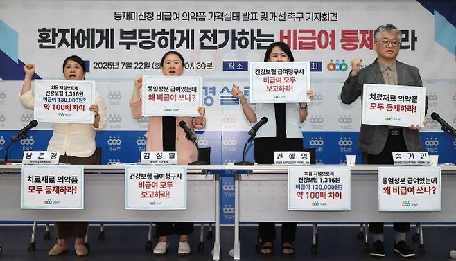 “환자에게 부당하게 전가하는 비급여 통제하라!” - 22일 서울 종로구 경제정의실천시민연합에서 열린 등재미신청 비급여 의약품 가격실태 발표 및 개선촉구 기자회견에서 참석자들이 구호를 외치고 있다. 연합뉴스