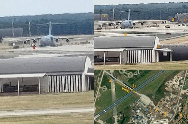 2025년 7월 17일(현지시간) 핵무기 수송 임무에 특화된 미 공군 C-17 수송기가 영국 레이컨히스 공군기지 내 빅터 램프에 멈춰 하역을 준비 중인 장면(왼쪽). 빨간색 엑스(X) 표시된 차량은 비상 상태에 대비한 소방차다. 오른쪽 사진은 항공 사진과 함께 수송기 위치를 표시해 기지 내 배치를 조망한 구성이다. 출처=뉴크워치 UK