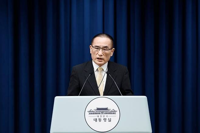 위성락 국가안보실장이 9일 서울 용산 대통령실에서 관세협상 및 방위비 관련 브리핑을 하고 있다. ⓒ뉴시스