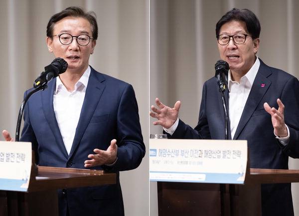 24일 부산롯데호텔에서 국제신문과 BNK금융그룹 주최로 열린 ‘2025 지역경제 기(氣)살리기 정책콘퍼런스’에서 전재수 해양수산부 장관이 ‘북극항로 시대 무엇을 할 것인가?’ 라는 주제로 발표하고 있다. 오른쪽 사진은 전 장관에 이어 ‘글로벌 해양 허브 도시 완성, 동북아 해양경제 선도’를 주제로 발표에 나선 박형준 부산시장 모습. 전민철 기자 jmc@kookje.co.kr