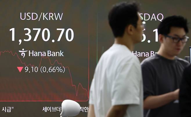 (서울=뉴스1) 김민지 기자 = 24일 오전 서울 중구 하나은행 본점 딜링룸 전광판에 원달러환율이 1370.70원을 가리키고 있다.  이날 코스피는 장중 3230선을 돌파하며 연고점을 경신했지만, 오는 25일 미국 워싱턴DC에서 개최될 예정이던 한미간 2+2 통상협상이 순연됐다는 소식이 전해진 뒤 상승폭을 줄였다. 2025.7.24/뉴스1  Copyright (C) 뉴스1. All rights reserved. 무단 전재 및 재배포,  AI학습 이용 금지. /사진=(서울=뉴스1) 김민지 기자