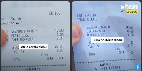 외국인 관광객으로 위장한 손님이 받은 영수증(오른쪽) [르파리지앵 유튜브 캡처. 연합뉴스]