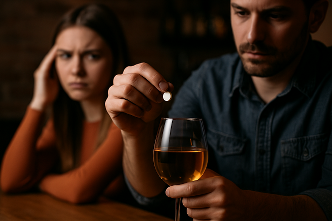 인공지능(AI)으로 생성한 이미지로, 혼잡한 술자리에서 누군가가 다른 사람의 음료에 약물을 넣으려는 장면을 묘사하고 있다. 스파이킹은 상대방의 인식이나 저항 능력을 떨어뜨려 범죄에 악용되는 행위로, 사회적 경각심이 요구된다.