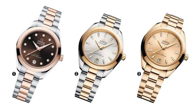 ①씨마스터 아쿠아 테라 30mm, 스틸 및 세드나™ 골드, 브라운 다이얼은 태양광 패턴의 PVD 컬러 및 래커 처리되었으며 11개의 다이아몬드 아워 마커와 새롭게 각면 처리한 핸즈가 돋보인다. ②다니엘마쉬(뉴진스)가 착용한 씨마스터 아쿠아 테라 30mm, 스틸 및 문샤인™ 골드. 폴리싱 처리된 대칭 케이스와 웨이브-엣지 디자인의 스크류-인 케이스백이 장착되었다. ③씨마스터 아쿠아 테라 30mm, 문샤인™ 골드, 모든 아플리케 디테일은 18K 문샤인™ 골드로 제작되었으며, 핸즈는 PVD 문샤인™ 골드 코팅이 적용된 18K 옐로우 골드로 완성. /오메가 제공