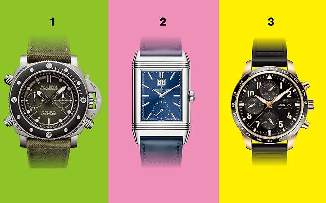 1 섭머저블 크로노 마리나 밀리타레 익스피리언스 에디션(PAM01699) 1억2백만원대 Panerai. 2 리베르소 트리뷰트 지오그래픽 스틸 모델 3천40만원 Jaeger-Lecoultre. 3 파일럿 워치 퍼포먼스 크로노그래프 41(IW388309) 3천8백70만원 IWC.