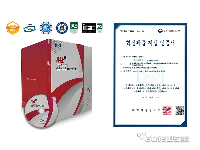 ALL#(올샵) 제품과 혁신제품지정인증서.