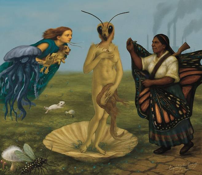 여성학자 원미혜의 표지 그림 ‘hospitality, after Haraway(환대, 해러웨이 이후)’. 15세기 보티첼리의 명화 ‘비너스의 탄생’을 변형한 작품으로, 중심인물인 ‘카밀 비너스’는 곤충과 결합한 혼종 육체로 그려졌다. 나비의 눈과 곤충의 더듬이는 인간-비인간의 경계를 허무는 새로운 감각과 존재 양식을 암시한다. 봄날의박씨 제공