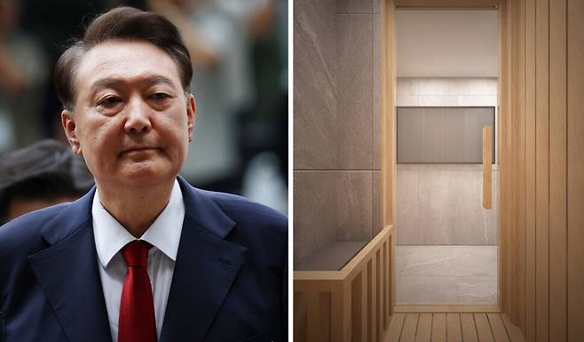 윤석열 전 대통령과 대통령 집무실 사우나 디자인 시안. 연합뉴스, 한겨레