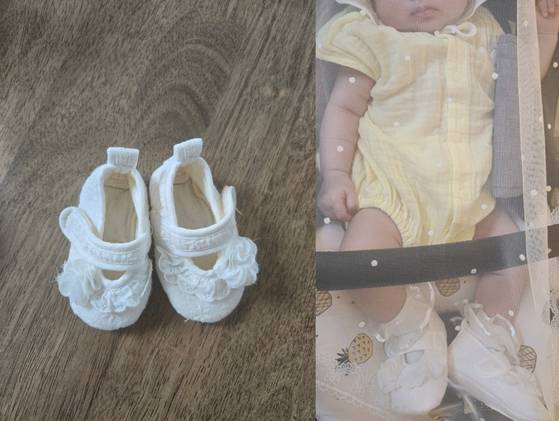 최씨가 민서를 임신했을 때 준비해 둔 보행기 신발과 신발을 신은 민서. 최씨는 ″민서가 걷질 못해서 유모차를 태울 때밖에 신기지 못했다″고 했다. 사진 최씨