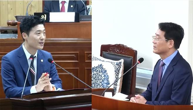 강진군의회 노두섭 의원은 최근 열린 제314회 강진군의회 임시회 군정질문에서, 강진군이 추진한 ‘맘편한센터’ 사업과 강진만 생태 공원 기반시설 조성사업 공원시설물 제작 설치사업이 재무건전성이 취약한 부실 업체와 계약이 이뤄져 준공이 지연되는 등 피해가 심각하다고 지적했다. /강진군의회 영상회의록 캡처
