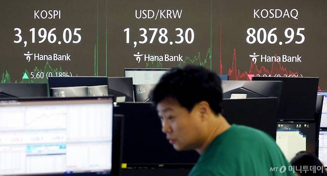 [서울=뉴시스] 김진아 기자 = 25일 서울 중구 하나은행 딜링룸에서 딜러들이 업무를 보고 있다.   25일 코스피는 전 거래일(3190.45)보다 5.60포인트(0.18%) 오른 3196.05에, 코스닥 지수는 전 거래일(809.89)보다 2.94포인트(0.36%) 하락한 806.95에 거래를 마쳤다.2025.07.25.bluesoda@newsis.com /사진=김진아