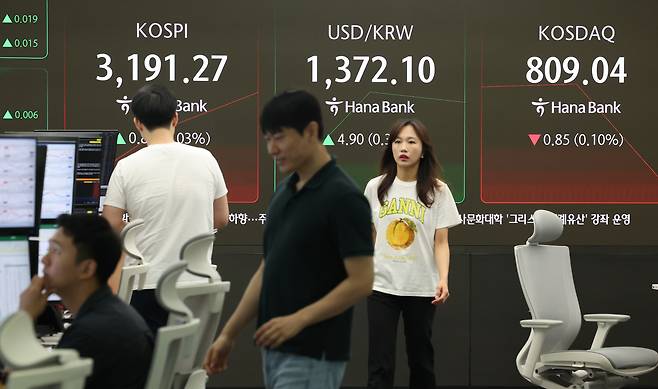 25일 서울 중구 하나은행 딜링룸 현황판에 코스피·코스닥 지수가 표시되고 있다. [연합]