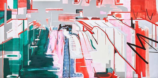 김세은, 잠수교, 캔버스에 수용성 유화와 시멘트 안료, 244 × 488 × 7 cm, 2020
