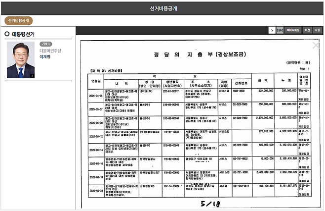더불어민주당 이재명 후보의 선거비용 공개 5페이지 4월 28일 네이버 광고 계약금 지출 화면 캡쳐