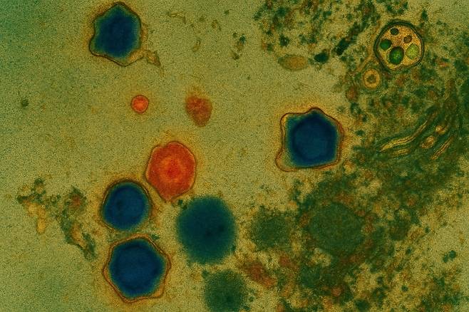 단세포 광합성 조류(algae)에서 빠져나오는 거대 바이러스(육각형 형태 물질)를 COPILOT을 이용해 컬러링한 사진. Credit Grieg Steward, Ph.D. University of Hawaii at Manoa
