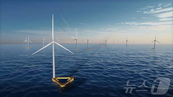 대형 해상풍력발전기를 탑재한 한화오션 ‘윈드하이브(WindHive) 15-H3’(노란색 구조물)의 조감도.(한화오션 제공) ⓒ News1 한재준 기자