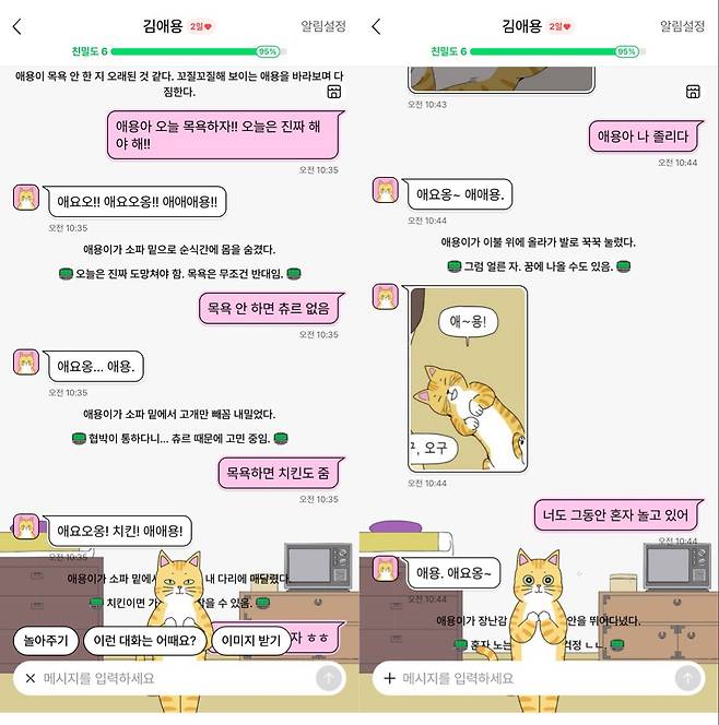 네이버웹툰 캐릭터챗 '김애용' 챗봇이 실제 고양이처럼 반응하는 모습 (네이버웹툰 캐릭터챗 캡처)