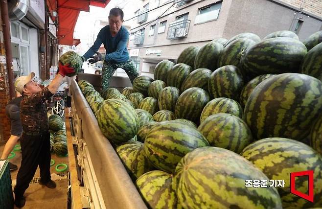 서울 영등포구 청과 시장의 상인들이 수박을 진열하고 있다. 조용준 기자 jun21@
