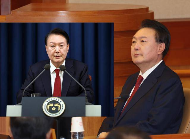 윤석열 대통령이 21일 서울 종로구 헌법재판소 대심판정에서 열린 탄핵심판 3차 변론기일에 출석해 피청구인 자리에 앉아 있다. 이날 윤 대통령은 지난해 12· 3 비상계엄 발표 당시(왼쪽 사진)의 복장과 동일한 상태로 출석했다. 사진공동취재단