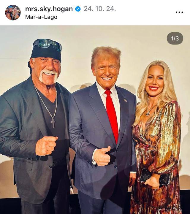 헐크 호건(왼쪽)의 부인인 스카이 데일리 호건(오른쪽)이 지난해 10월 24일 자신의 인스타그램에 올린 사진. 가운데는 당시 미국 공화당 대선 후보였던 도널드 트럼프 현 대통령이다. 인스타그램 캡처