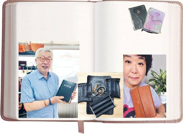 장명근 장로가 아버지의 가방 가죽으로 리폼된 성경을 들고 웃고 있다. 수선 작업을 위해 해체한 장 장로의 아버지 서류 가방. 김사영씨가 리폼 성경과 함께 촬영한 기념사진(왼쪽 사진부터). 게티이미지뱅크, 하프타임크래프트 제공. 그래픽=강소연