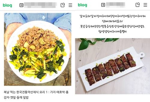 복날 채식 요리 레시피 공유글 [네이버 블로그 이용자 '하늘피리', '쿡따라' 게시글 캡처]